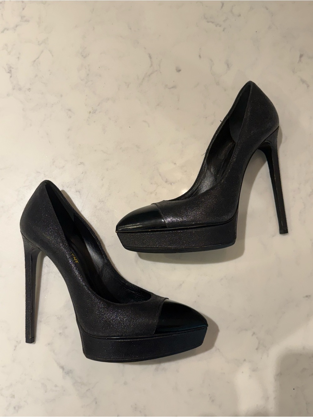 Saint Laurent Black Shimmer Cap-Toe Platform Stiletto Pumps